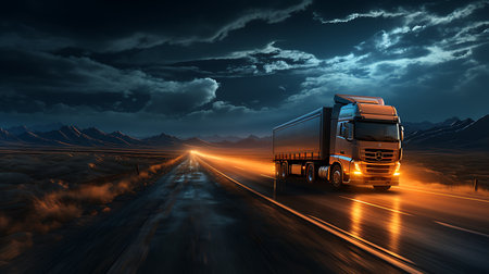 Truck on the road at night with motion blur effect. 3d renderingの素材