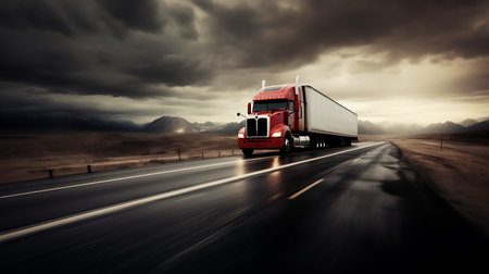 Truck on the road with dramatic sky background. 3d renderingの素材