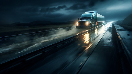 Truck on the highway at night with fog in the background.の素材