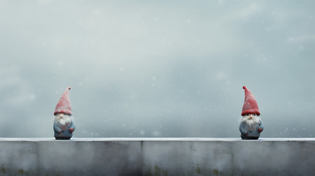 Couple of gnomes sitting on a wall in a winter rainの素材