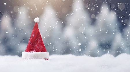 Santa Claus hat in the snow, Christmas and New Year background.の素材