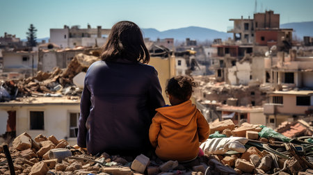 Mother and her sitting on the rubble of a ruined house in Sicilyの素材