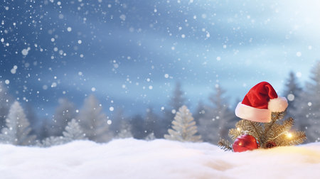 Christmas background with Santa Claus hat and christmas decorations on snowの素材