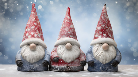 Three Christmas Gnomes on a snowy background. 3d rendering.の素材