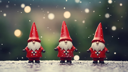 Christmas greeting card with three cute gnomes standing on snowy background.の素材