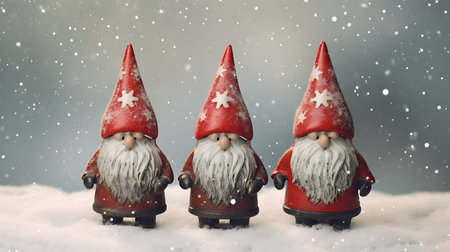 Christmas greeting card with three funny gnomes on snow background. Merry Christmas and Happy New Year!の素材