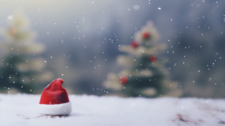Christmas background with santa claus hat and christmas tree.の素材