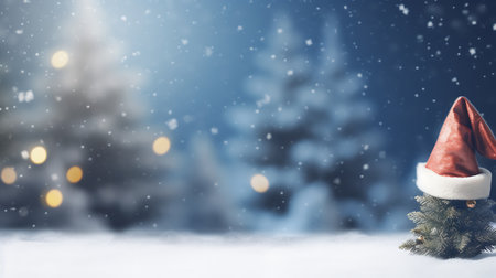 Christmas background with fir tree, Santa Claus hat and snowflakesの素材