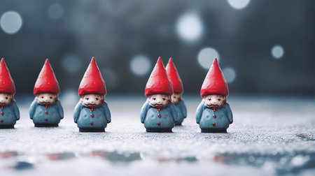 Christmas and New Year concept. Cute little gnomes on snow background.の素材