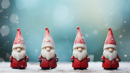 Christmas greeting card with Santa Claus on snow and bokeh backgroundの素材