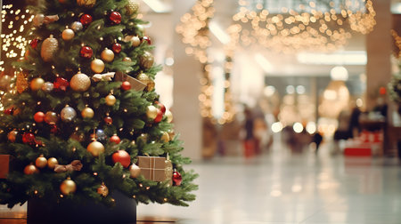 Christmas tree in shopping mall with bokeh background, vintage toneの素材