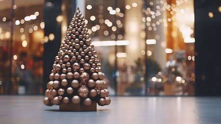 Christmas tree made of golden balls on the background of a shop windowの素材