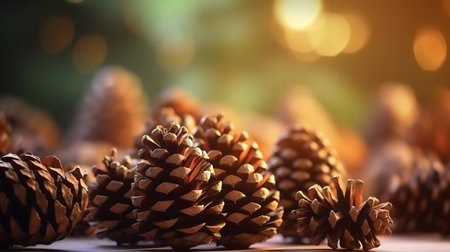 Pine cones on bokeh background. Christmas and New Year conceptの素材