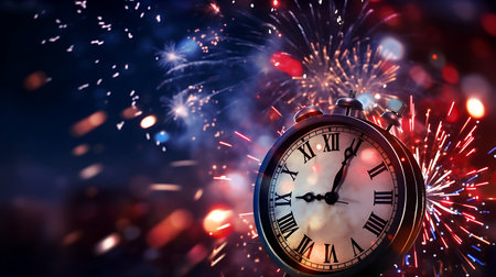 New Year or Christmas background with clock and fireworks. 3D Renderingの素材