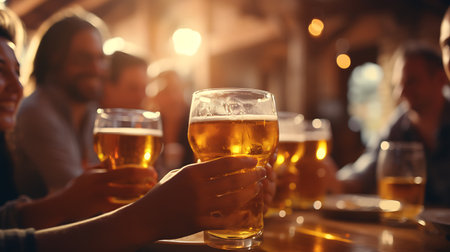 Group of friends toasting with beer in pub, closeup viewの素材