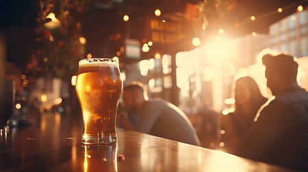 Glass of beer on bar counter in pub or restaurant with people in backgroundの素材