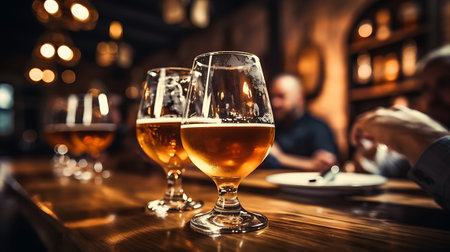 Glasses of beer on bar counter in pub or restaurant. People sitting at table and drinking beer.の素材