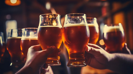 Close-up of hands clinking glasses with beer at bar counterの素材