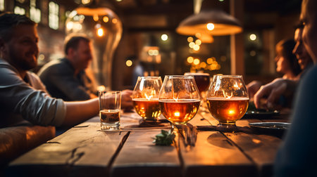 Group of friends drinking beer and having fun in a pub at nightの素材