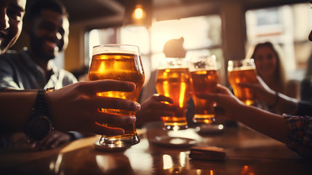 Close-up of a group of friends clinking glasses of beer at a pubの素材