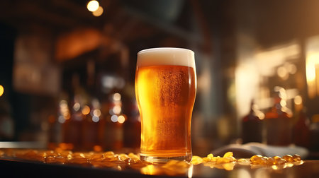 Glass of tasty beer on blurred background, closeup. Space for textの素材