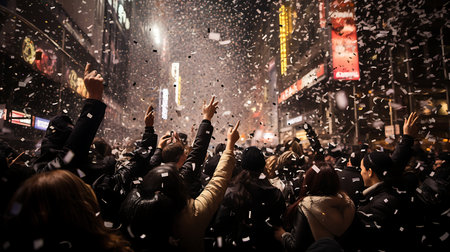 Crowds of people in Times Square in New York City at night.の素材