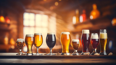 Many different types of beer in glasses on a wooden background. Selective focus.の素材