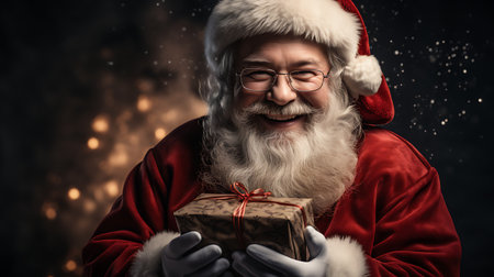 Portrait of Santa Claus with gift box on dark backgroundの素材