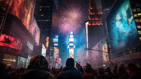 New York fireworks display on Times Square, Manhattan, New York Cityの素材