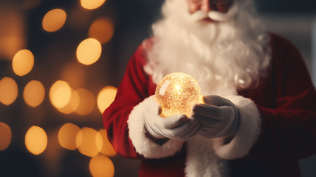 Santa Claus holding christmas ball on blurred lights background, closeupの素材