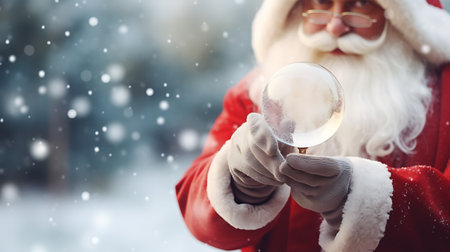 santa claus with a magnifying glass on a snowy backgroundの素材