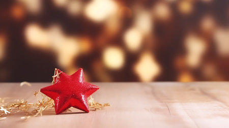Christmas background with red star and golden tinsel on bokehの素材