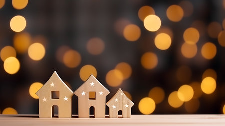 Wooden house model on bokeh background. Christmas and New Year concept.の素材