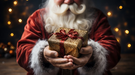 Close-up of Santa Claus holding a gift box in his handsの素材