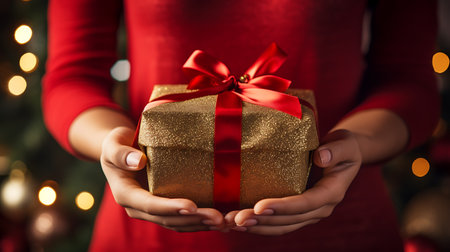 Woman holding Christmas gift box on bokeh background, closeupの素材