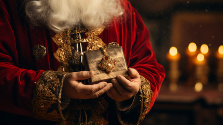 Santa Claus holding a gift in his hands. Christmas and New Year concept.の素材