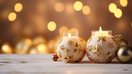 Christmas candles with golden decoration on bokeh background, closeupの素材