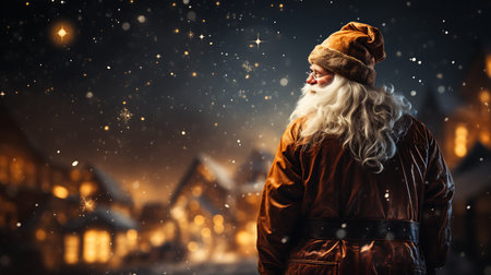 Santa Claus walking in the city at night. Christmas and New Year concept.の素材