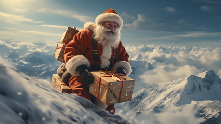 Santa Claus sitting on the top of the mountain and holding a gift boxの素材