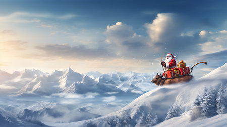 Santa Claus with his sleigh on the top of the mountain.の素材