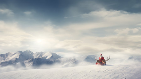 Santa Claus riding a snowmobile in the snowy mountains. 3d renderingの素材