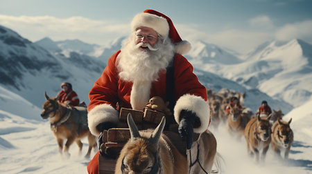 Santa Claus with reindeer sleigh on the background of snowy mountainsの素材