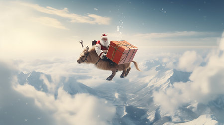 Santa Claus flying on a reindeer with christmas gift boxの素材