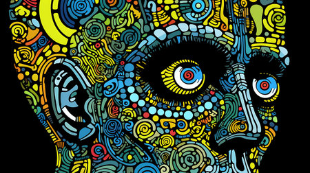 Colorful hand drawn doodle illustration of a human skull.の素材