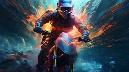 Motorcyclist with helmet and motorcycle on fire background. Mixed mediaの素材