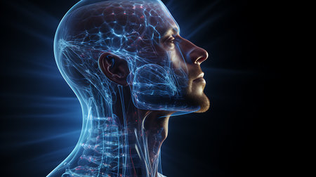 3D Illustration of a Male Brain with Vibrant Lightingの素材