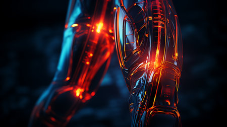 3D rendering of a female robot in red and blue neon lightの素材