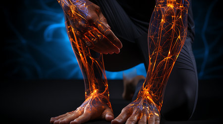 Digital composite of highlighted human knee with light effect against blue glowing backgroundの素材