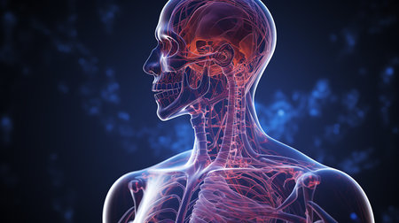 3d render of human body with nervous system in x-rayの素材