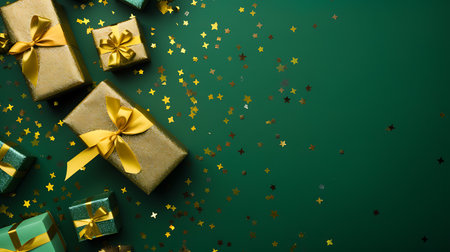 Gift boxes with golden bows and confetti on green background, top viewの素材